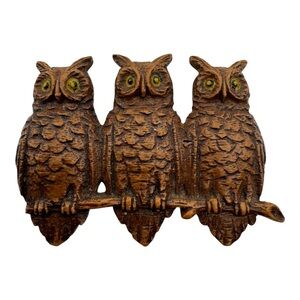 2” Vintage Triple Owl Brooch Pin Brown Textured Finish Genuine Durwood